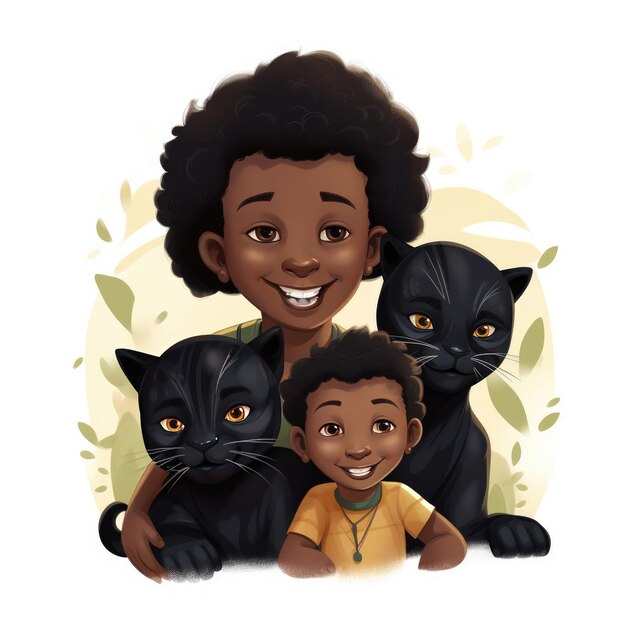 Illustration of a black woman with her child and panthers on a white background