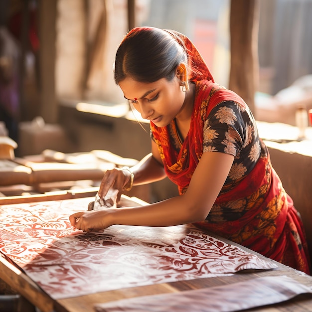 illustration of Block printing fashion in India Close up of young