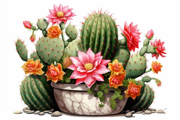 illustration of blooming cacti in a pot on white background