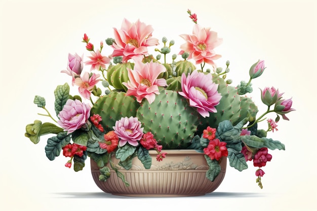 Illustration of blooming cacti in a pot on white background