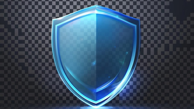 Illustration of a blue acrylic glass shield on a transparent blue background with reflections and glow Template for award trophies or certificates on a checkered background