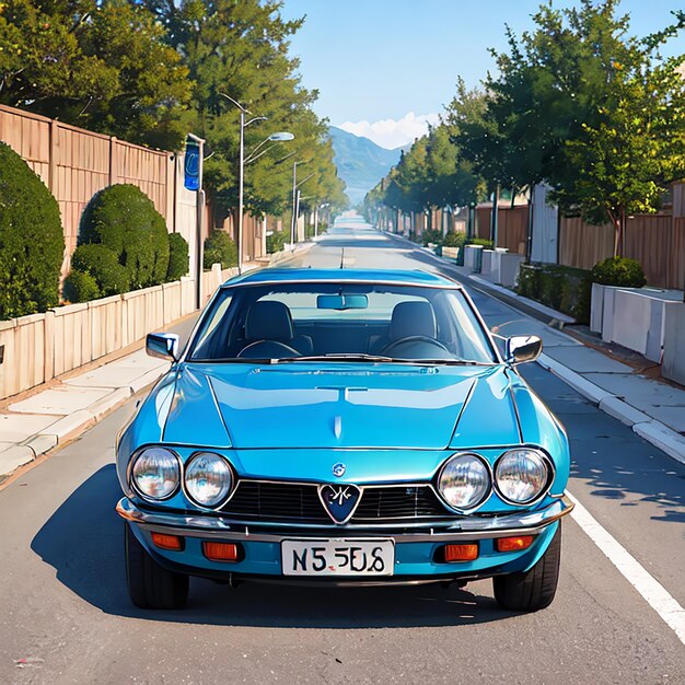 Foto illustrazione auto blu e concetto di estate