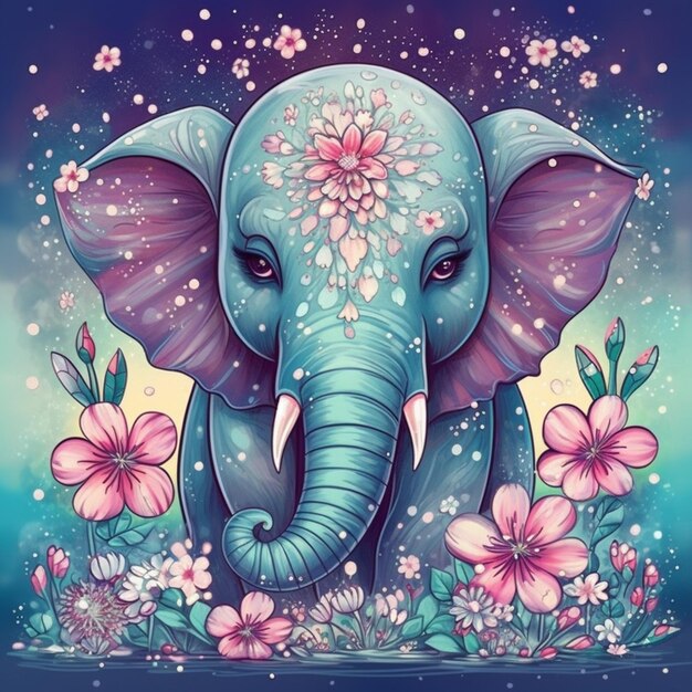 Illustration of a blue elephant with flowers and stars generative ai