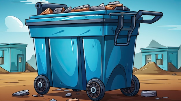 Illustration of a blue garbage bin on a background of the desert