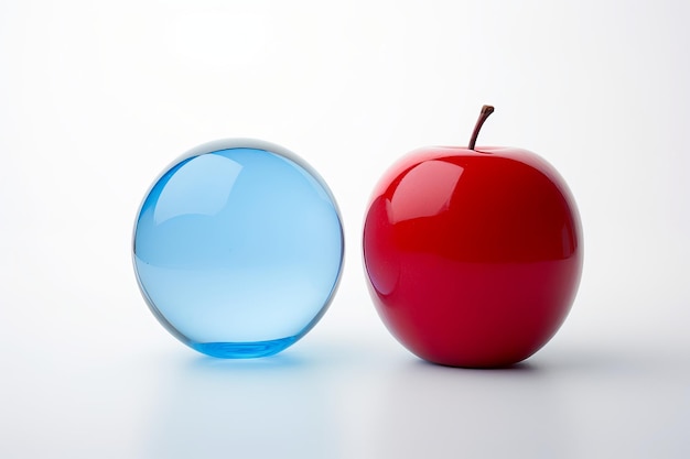 illustration of A blue glass ball and a red apple Medium closeup Generative ai