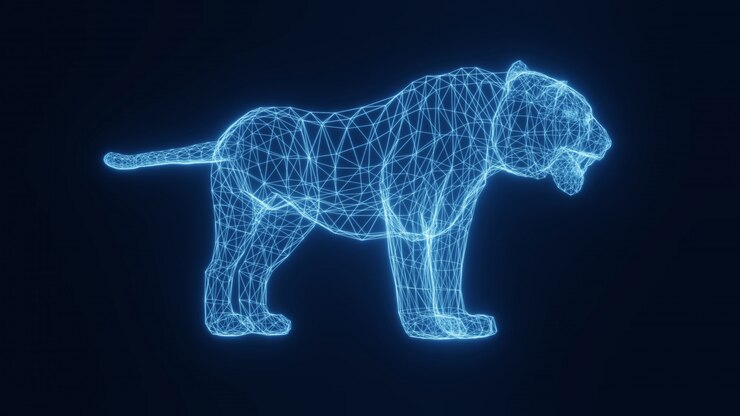 Photo 三次元グリッドから青いネオン輝く虎のイラスト。 3dレンダリング。