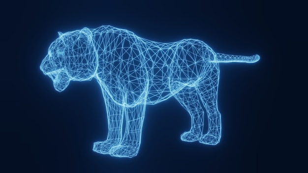 Photo illustration of a blue neon glowing tiger from a three-dimensional grid. 3d rendering.