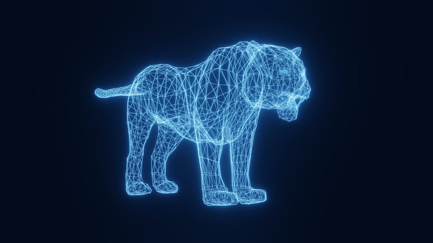 Photo illustration of a blue neon glowing tiger from a three-dimensional grid. 3d rendering.