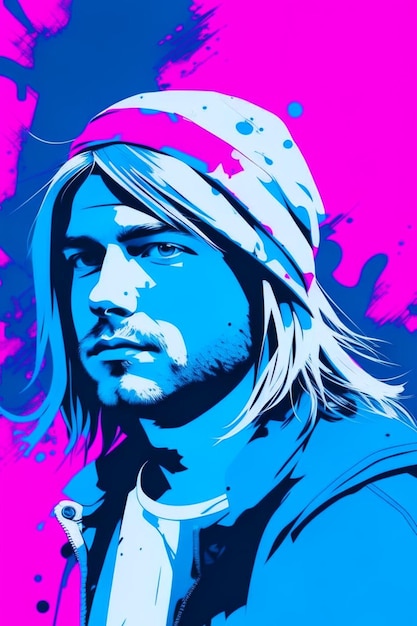 Photo illustration in blue pink tones of singer musican kurt cobain leader nirvana