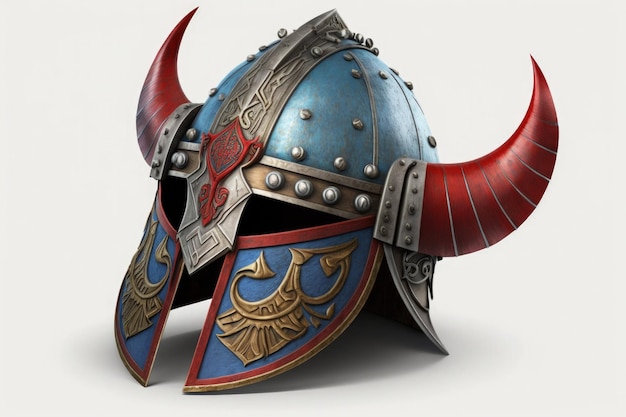 Illustration of blue and red viking helmet with horns white background Generative AI