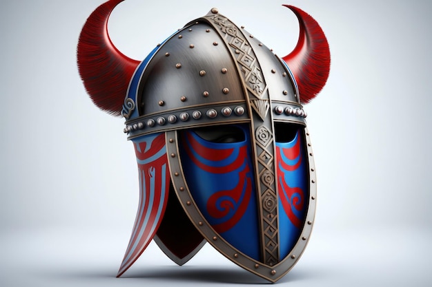 Иллюстрация синего и красного шлема викинга с рогами на белом фоне Generative AI