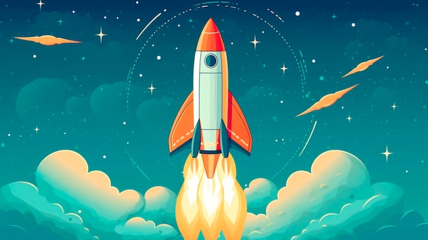 Illustration of Blue rocket and space for start up business Generative AI