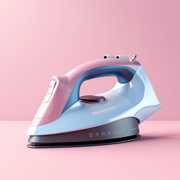 Photo illustration of blue steam iron on pastel pink background 3d simple