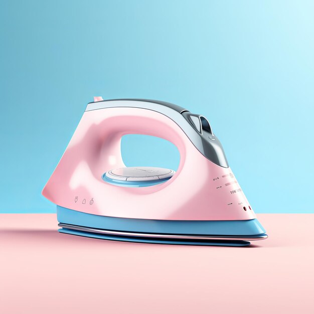 Illustration of blue steam iron on pastel pink background 3d simple