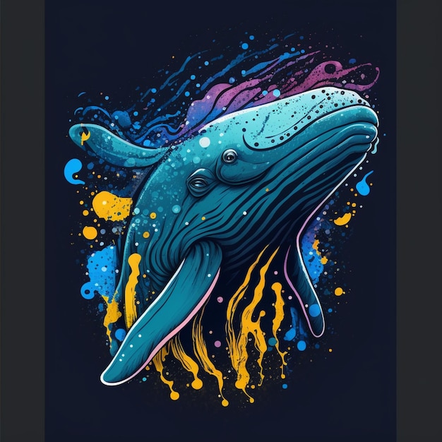 Illustration of a blue whale with a colorful splash of paint generative ai