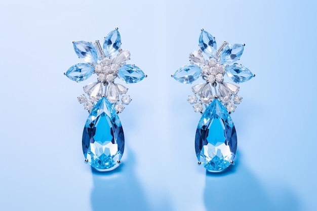 Photo illustration of a blue and white jewelled earrings in the style