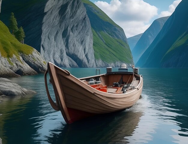 illustration of a boat in the norwegian fjords