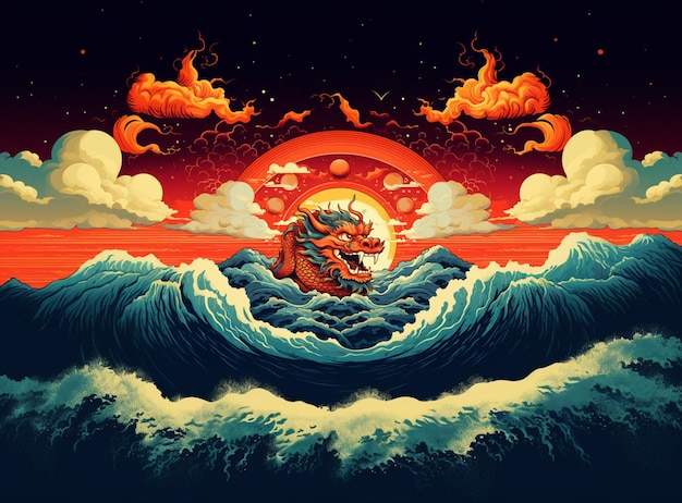 Illustration of a boat in the ocean with a dragon on it generative ai