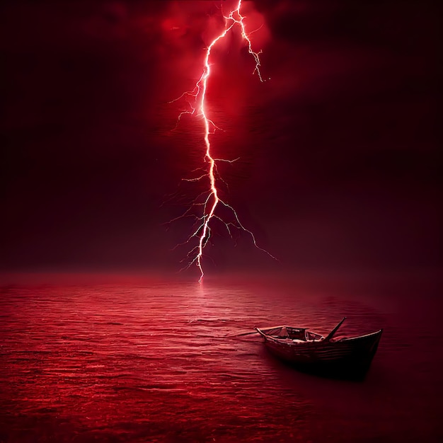 Illustration of a boat and red lightning bolt