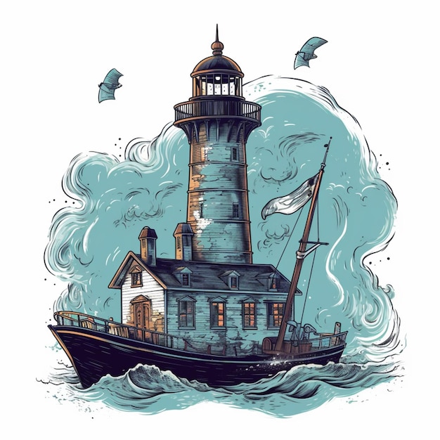 illustration of a boat with a lighthouse on the front and a lighthouse on the back generative ai