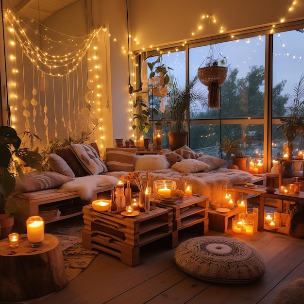 illustration of Boho hippy living room decor magical fairy lights