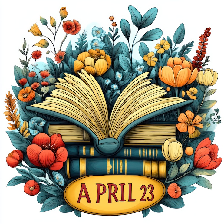 Photo illustration of a book and flowers for april 23