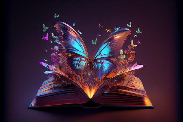 Illustration of book wih neon butterfly and magic light AI