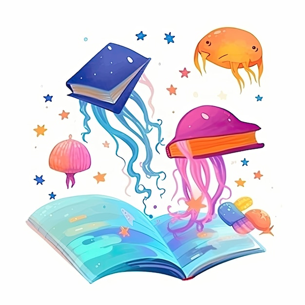 Illustration of a book with a book called jellyfish