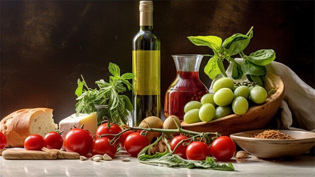 Illustration of a bottle of red wine grapes tomatoes olives cheese and spices