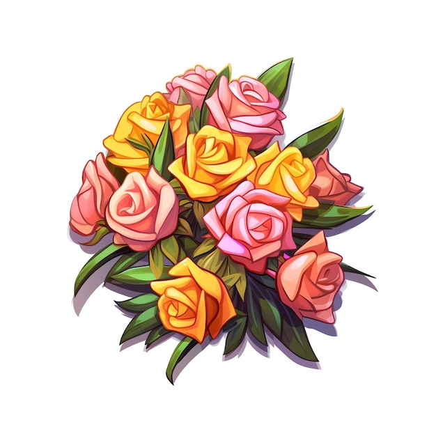 Foto illustrazione di un bouquet di rose rosa e gialle vista isometrica su sfondo bianco