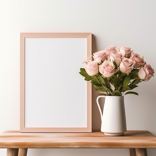 illustration of bouquet of roses in a vase near the empty white blan