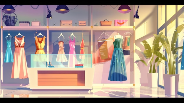 Photo illustration of boutique interior with mannequins hangers and display cases with dresses and shoes modern cartoon illustration of boutique interior clothes store with discounts