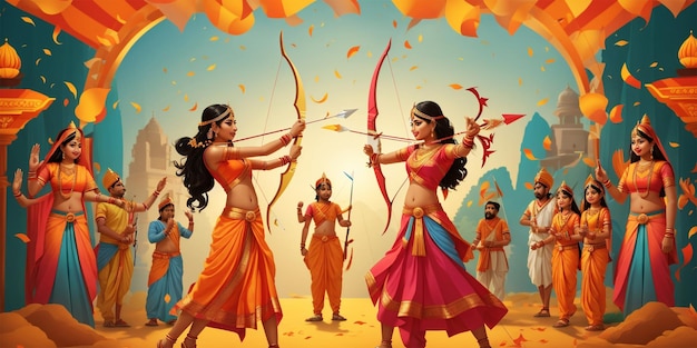 Foto illustrazione di arco e freccia nel festival happy dussehra dell'india