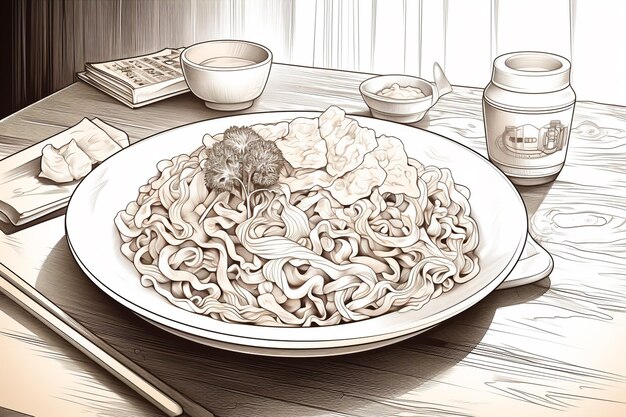 Photo illustration of a bowl of noodle with chopsticks and soy sauce