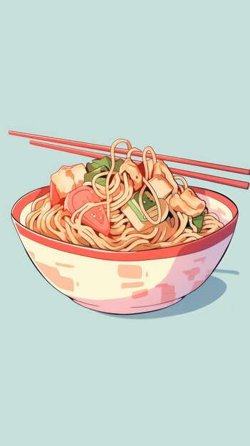 Illustration of a bowl of noodles with chopsticks on a pink background