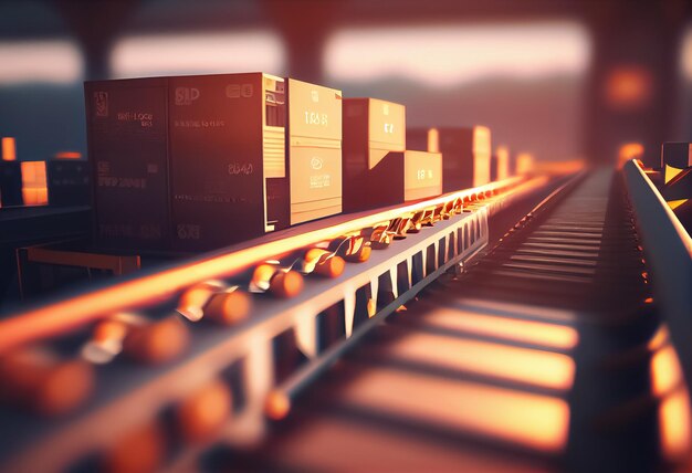 Photo illustration of box on conveyor belt with orders automatic mechanized logistics concept