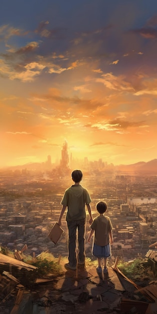 Illustration of a boy and brother on a hill looking at the death city