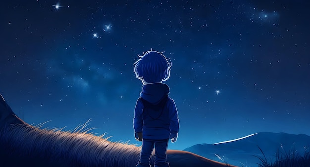밤의 별빛 하늘을 바라보는 소년의 일러스트레이션 밤의 하늘 배경 AI