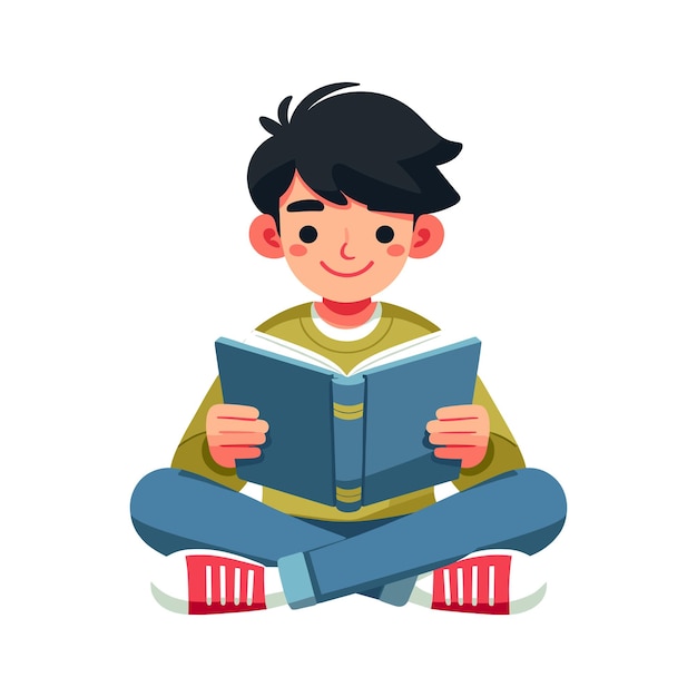 illustration of a boy reading a book on a white background in a flat style