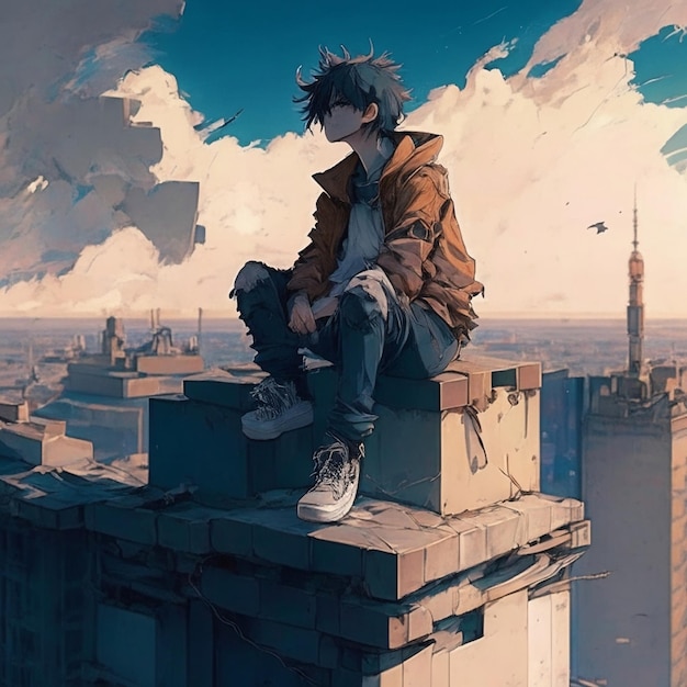 illustration of boy sitting on the top of building in anime art style