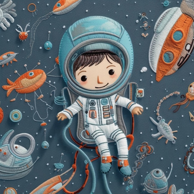 illustration of a boy in a space suit surrounded by space objects generative ai