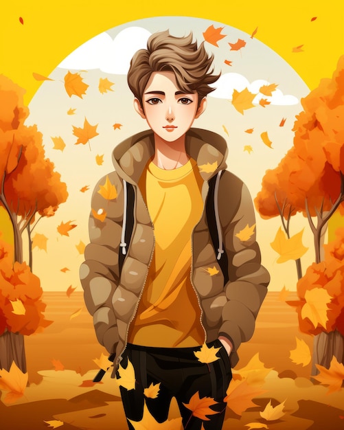 An illustration of a boy standing in an autumn forest