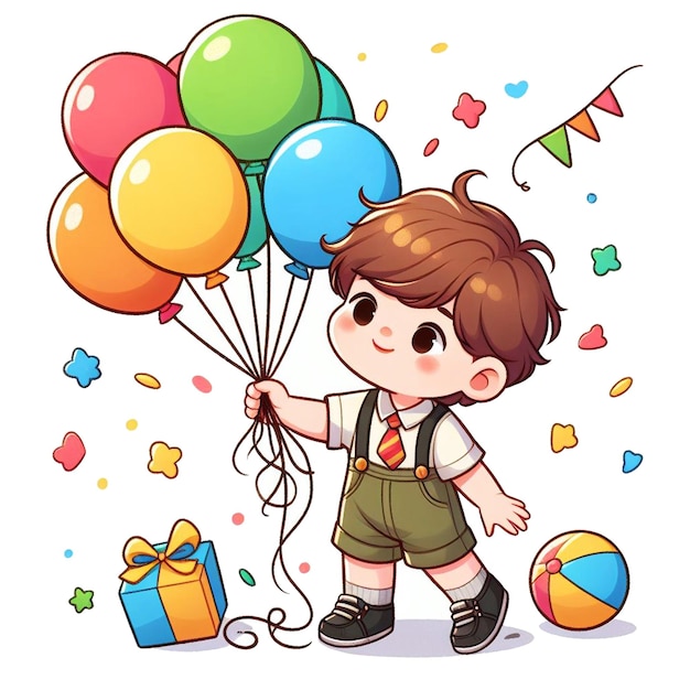 Photo illustration of a boy with a bunch of balloons and a gift