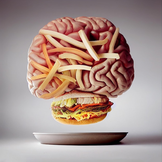 Illustration of a brain made from fast food, like a hamburger and chips, unhealthy eating