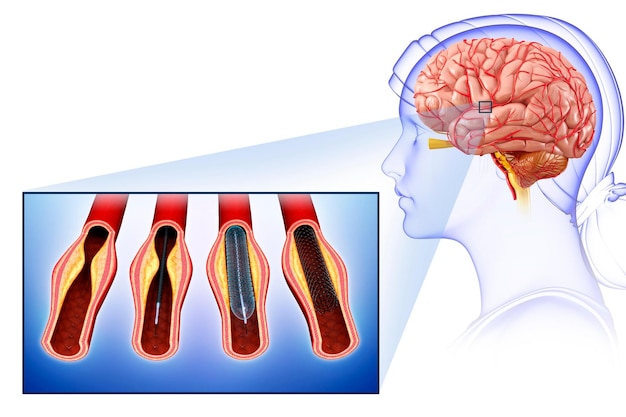 Foto illustrazione di angioplastica con stent cerebrale per curare e prevenire un ictus