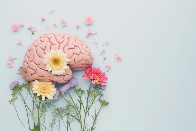 illustration brain with blooming flowers mental health concept