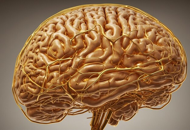 An illustration of the brain with a clear neural structure in golden color ai generative