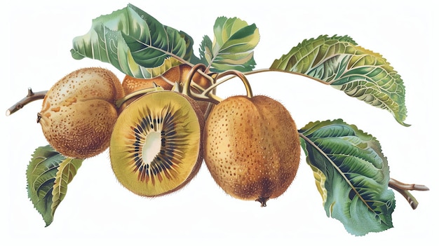 Photo an illustration of a branch of kiwi fruit the fruit is brown and hairy with a green interior the leaves are green and have a serrated edge