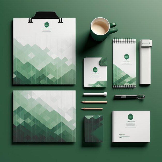 Foto illustrazione di brand identity mockup di un set di articoli di cancelleria con verde