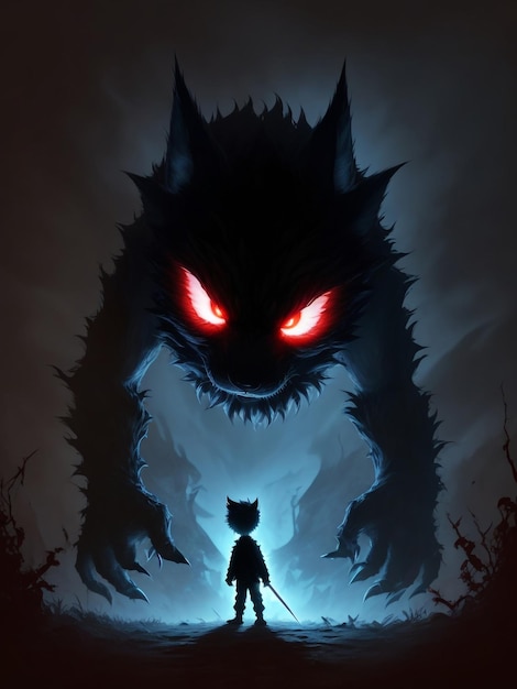 Illustration of a brave child facing a scary monster 11